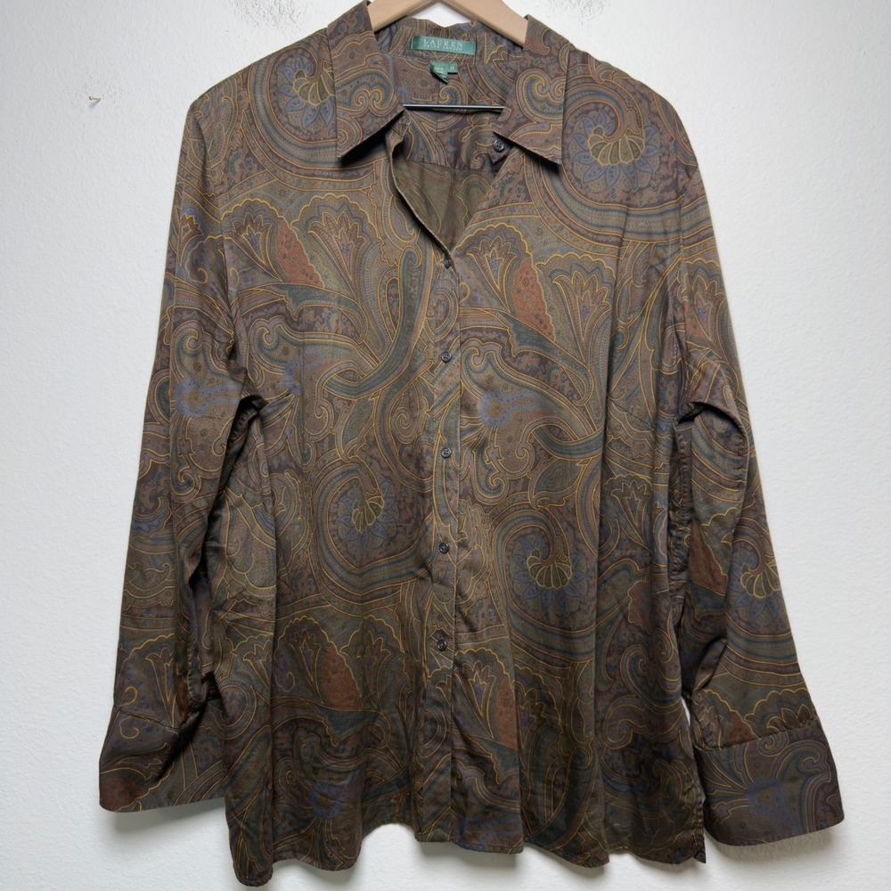 Lauren Ralph Lauren Women 100% Cotton Shirt 2X Brown Paisley Long Sleeve Button